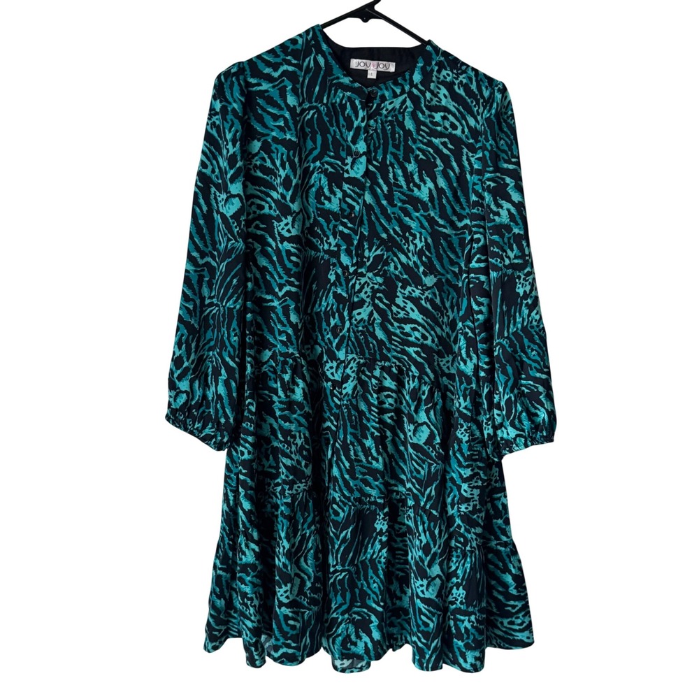 Joy Joy Teal Black Abstract Animal Print Tiered Long Sleeve Mini Dress Large